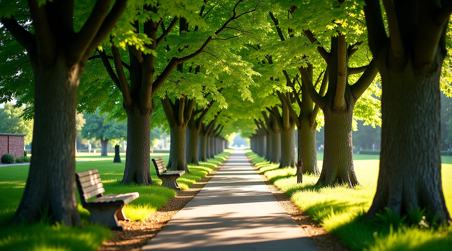 Žalios liepų alėjos su suoliukais senjorams poilsiui šventoriaus centre, šešėlingos zonos ramybei